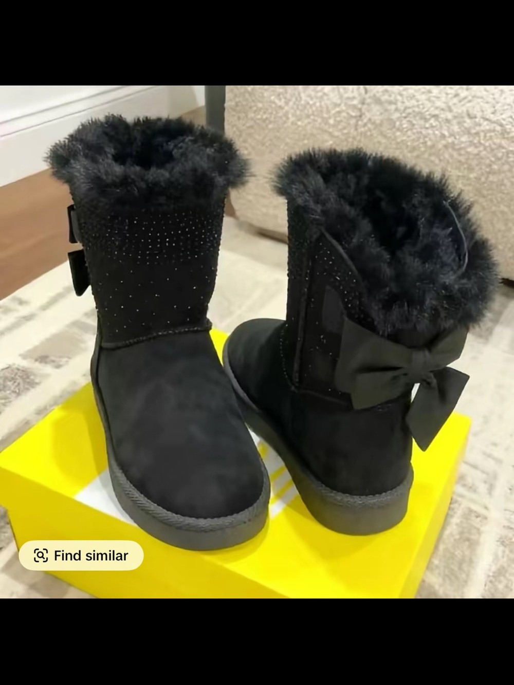Ganni Black Faux-Fur Bow Winter Boots with Crystal Detail